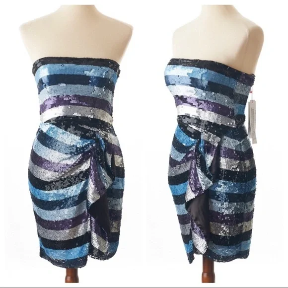 NWT Parker Sequin Striped Strapless Ruffle Cocktail Formal Dress - Picture 1 of 8